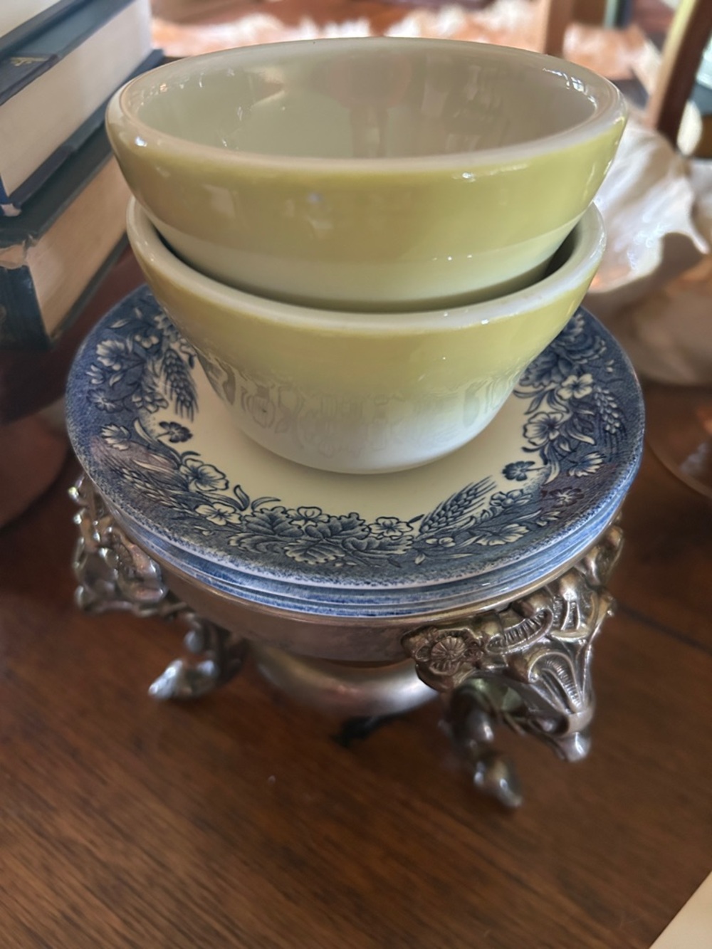 Set of Two Ironstone Vintage Custard Cups with Yellow Trim